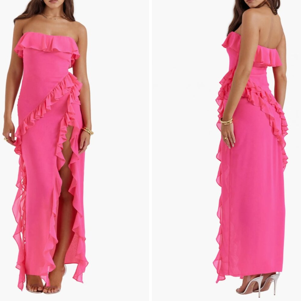 BRAND NEW WITH TAGS! HOUSE OF CB 'Sarina' Fuchsia Ruffle Maxi Dress